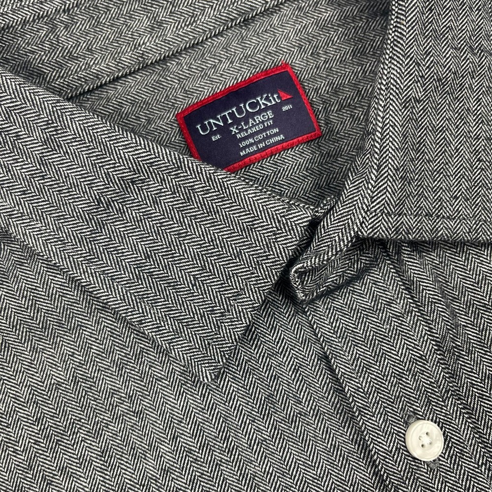 UNTUCKit Mens XL Relaxed Grey Herringbone Cotton Button Down Shirt Long Sleeve